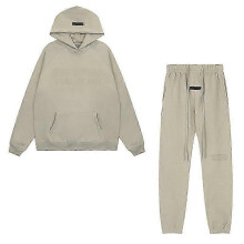 (Light brown, L) Essentials 3d Silicone Letter Flocking Print American Sweater Jacket + Pants Casual Suit For Men And Women -CAN