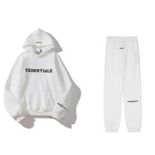(White, XL) Essentials 3d Silicone Letter Flocking Print American Sweater Jacket + Pants Casual Suit For Men And Women -CAN