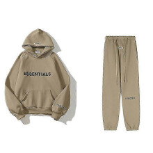 (Camel, S) Essentials 3d Silicone Letter Flocking Print American Sweater Jacket + Pants Casual Suit For Men And Women -CAN