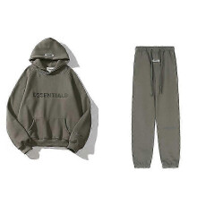 (Taupe, M) Essentials 3d Silicone Letter Flocking Print American Sweater Jacket + Pants Casual Suit For Men And Women -CAN