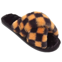 (Yellow, UK 7 / 8) Womens Open Toe Fluffy Checkered Cross Over Fashhion Cosy Comfort Ladies Flat Sliders Slippers