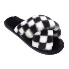 (White, UK 7 / 8) Womens Open Toe Fluffy Checkered Cross Over Fashhion Cosy Comfort Ladies Flat Sliders Slippers