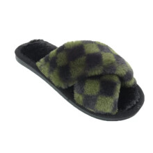 (Dark Green, UK 7 / 8) Womens Open Toe Fluffy Checkered Cross Over Fashhion Cosy Comfort Ladies Flat Sliders Slippers