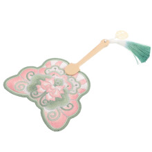 3Pcs Chinese Floral Fan With Embroidered Lotus Design Wooden Handle