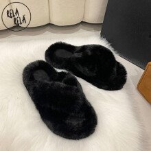 (Black, UK 7) RELA RELA Faux Fur Cross Slider Slippers UK 4-8 Soft Luxurious Winter Footwear for Women & Girls Stylish Walking Shoes