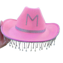 (Pink) Summer Cowgirl Hat Bride Wedding Photo Costume Props Outdoor Wedding Woman Girl Hat with Dangle Rhinestone Fringe White
