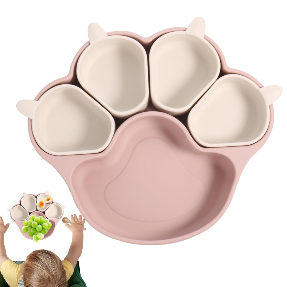 Silicone Kids Plates Cat Claw Design Divided Dinner Plate With Suction Cup Light Pink For Outdoor Picnics