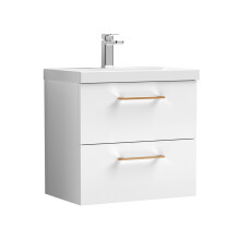Balterley 600mm Wall Hung Bathroom 2 Drawer Vanity Unit and 1 Tap Hole Ceramic Basin, Gloss White with Copper Handles