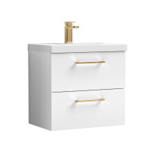 Balterley 600mm Wall Hung Bathroom 2 Drawer Vanity Unit and 1 Tap Hole Ceramic Basin, Gloss White with Brushed Bronze Handles