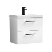 Balterley 600mm Wall Hung Bathroom 2 Drawer Vanity Unit and 1 Tap Hole Ceramic Basin, Gloss White with Black Handles