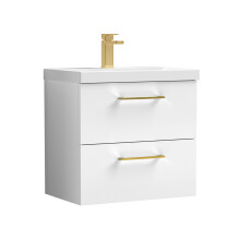 Balterley 600mm Wall Hung Bathroom 2 Drawer Vanity Unit and 1 Tap Hole Ceramic Basin, Gloss White with Brushed Brass Handles