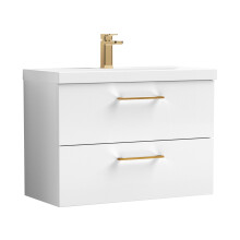 Balterley 800mm Wall Hung Bathroom 2 Drawer Vanity Unit and 1 Tap Hole Ceramic Basin, Gloss White with Brushed Bronze Handles
