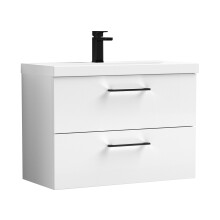 Balterley 800mm Wall Hung Bathroom 2 Drawer Vanity Unit and 1 Tap Hole Ceramic Basin, Gloss White with Black Handles