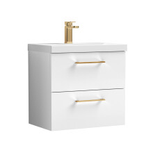 Balterley 600mm Wall Hung Bathroom 2 Drawer Vanity Unit and 1 Tap Hole Ceramic Basin, Gloss White with Brushed Pewter Handles