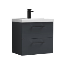 Balterley 600mm Wall Hung Bathroom 2 Drawer Vanity Unit and 1 Tap Hole Ceramic Basin, Satin Dark Grey with Black Handles