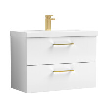 Balterley 800mm Wall Hung Bathroom 2 Drawer Vanity Unit and 1 Tap Hole Ceramic Basin, Gloss White with Brushed Brass Handles