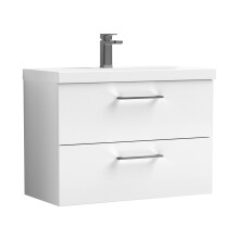 Balterley 800mm Wall Hung Bathroom 2 Drawer Vanity Unit and 1 Tap Hole Ceramic Basin, Gloss White with Brushed Pewter Handles