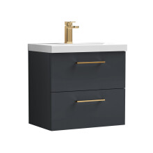 Balterley 600mm Wall Hung Bathroom 2 Drawer Vanity Unit and 1 Tap Hole Ceramic Basin, Satin Dark Grey with Brushed Bronze Handles