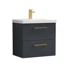 Balterley 600mm Wall Hung Bathroom 2 Drawer Vanity Unit and 1 Tap Hole Ceramic Basin, Satin Dark Grey with Brushed Brass Handles