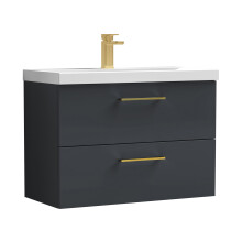 Balterley 800mm Wall Hung Bathroom 2 Drawer Vanity Unit and 1 Tap Hole Ceramic Basin, Satin Dark Grey with Brushed Brass Handles
