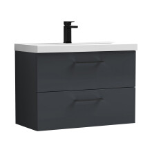Balterley 800mm Wall Hung Bathroom 2 Drawer Vanity Unit and 1 Tap Hole Ceramic Basin, Satin Dark Grey with Black Handles