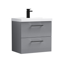 Balterley 600mm Wall Hung Bathroom 2 Drawer Vanity Unit and 1 Tap Hole Ceramic Basin, Satin Grey with Black Handles