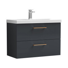 Balterley 800mm Wall Hung Bathroom 2 Drawer Vanity Unit and 1 Tap Hole Ceramic Basin, Satin Dark Grey with Copper Handles