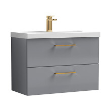 Balterley 800mm Wall Hung Bathroom 2 Drawer Vanity Unit and 1 Tap Hole Ceramic Basin, Satin Grey with Brushed Bronze Handles