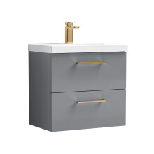 Balterley 600mm Wall Hung Bathroom 2 Drawer Vanity Unit and 1 Tap Hole Ceramic Basin, Satin Grey with Brushed Pewter Handles