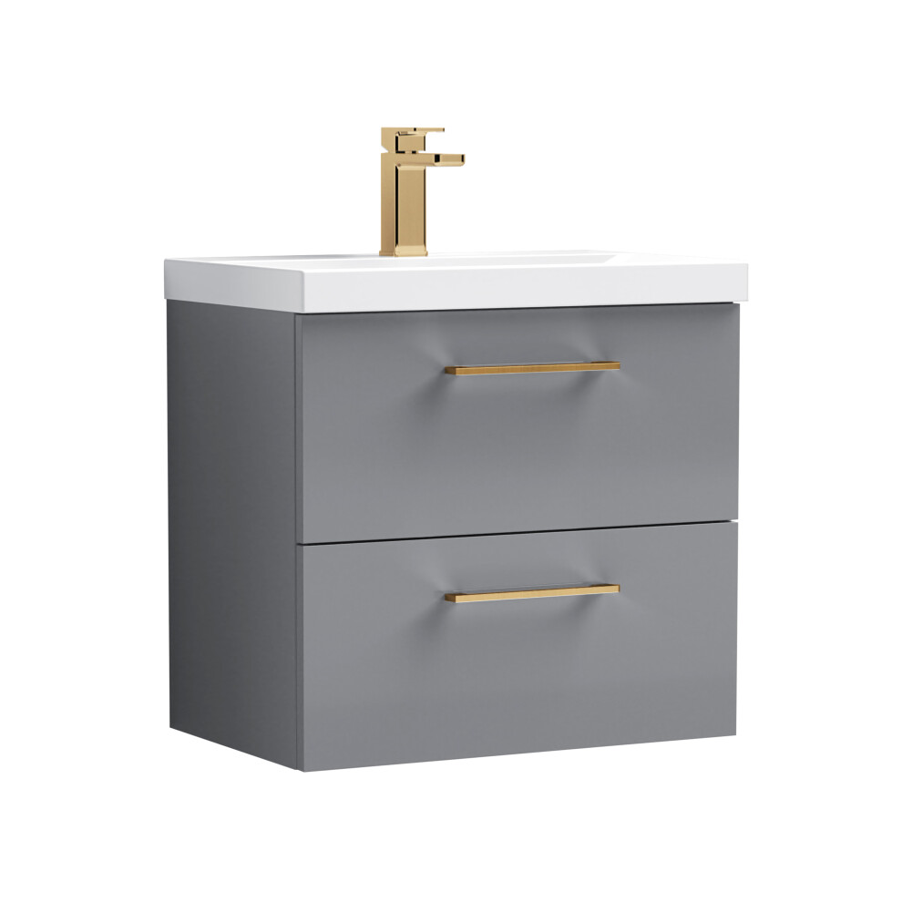 Balterley 600Mm Wall Hung Bathroom 2 Drawer Vanity Unit And 1 Tap Hole Ceramic Basin, Satin Grey With Brushed Pewter Handles