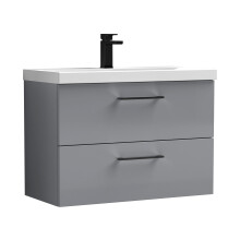 Balterley 800mm Wall Hung Bathroom 2 Drawer Vanity Unit and 1 Tap Hole Ceramic Basin, Satin Grey with Black Handles