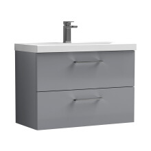 Balterley 800mm Wall Hung Bathroom 2 Drawer Vanity Unit and 1 Tap Hole Ceramic Basin, Satin Grey with Brushed Pewter Handles