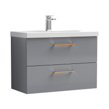 Balterley 800mm Wall Hung Bathroom 2 Drawer Vanity Unit and 1 Tap Hole Ceramic Basin, Satin Grey with Copper Handles
