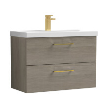 Balterley 800mm Wall Hung Bathroom 2 Drawer Vanity Unit and 1 Tap Hole Ceramic Basin, Woodgrain Mid Oak with Brushed Brass Handles