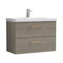 Balterley 800mm Wall Hung Bathroom 2 Drawer Vanity Unit and 1 Tap Hole Ceramic Basin, Woodgrain Mid Oak with Copper Handles