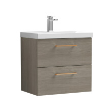 Balterley 600mm Wall Hung Bathroom 2 Drawer Vanity Unit and 1 Tap Hole Ceramic Basin, Woodgrain Mid Oak with Copper Handles