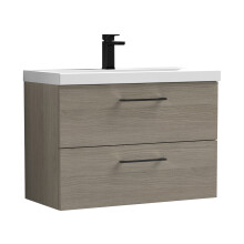 Balterley 800mm Wall Hung Bathroom 2 Drawer Vanity Unit and 1 Tap Hole Ceramic Basin, Woodgrain Mid Oak with Black Handles