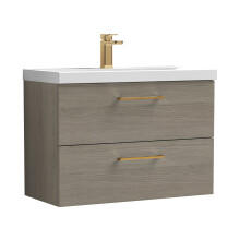 Balterley 800mm Wall Hung Bathroom 2 Drawer Vanity Unit and 1 Tap Hole Ceramic Basin, Woodgrain Mid Oak with Brushed Bronze Handles