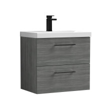 Balterley 600mm Wall Hung Bathroom 2 Drawer Vanity Unit and 1 Tap Hole Ceramic Basin, Woodgrain Anthracite with Black Handles