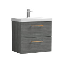 Balterley 600mm Wall Hung Bathroom 2 Drawer Vanity Unit and 1 Tap Hole Ceramic Basin, Woodgrain Anthracite with Copper Handles