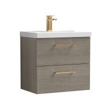 Balterley 600mm Wall Hung Bathroom 2 Drawer Vanity Unit and 1 Tap Hole Ceramic Basin, Woodgrain Mid Oak with Brushed Bronze Handles
