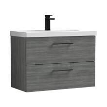 Balterley 800mm Wall Hung Bathroom 2 Drawer Vanity Unit and 1 Tap Hole Ceramic Basin, Woodgrain Anthracite with Black Handles