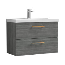 Balterley 800mm Wall Hung Bathroom 2 Drawer Vanity Unit and 1 Tap Hole Ceramic Basin, Woodgrain Anthracite with Copper Handles