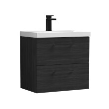 Balterley 600mm Wall Hung Bathroom 2 Drawer Vanity Unit and 1 Tap Hole Ceramic Basin, Woodgrain Black with Black Handles