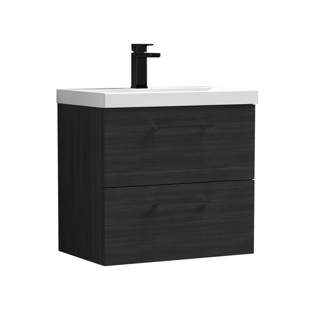 Balterley 600Mm Wall Hung Bathroom 2 Drawer Vanity Unit And 1 Tap Hole Ceramic Basin, Woodgrain Black With Black Handles
