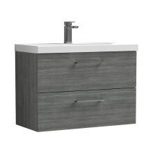 Balterley 800mm Wall Hung Bathroom 2 Drawer Vanity Unit and 1 Tap Hole Ceramic Basin, Woodgrain Anthracite with Brushed Pewter Handles