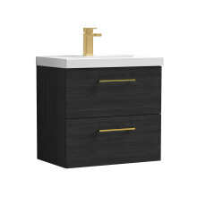 Balterley 600mm Wall Hung Bathroom 2 Drawer Vanity Unit and 1 Tap Hole Ceramic Basin, Woodgrain Black with Brushed Brass Handles