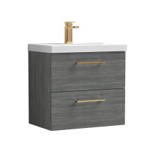 Balterley 600mm Wall Hung Bathroom 2 Drawer Vanity Unit and 1 Tap Hole Ceramic Basin, Woodgrain Anthracite with Brushed Bronze Handles