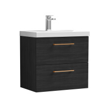 Balterley 600mm Wall Hung Bathroom 2 Drawer Vanity Unit and 1 Tap Hole Ceramic Basin, Woodgrain Black with Copper Handles
