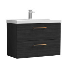 Balterley 800mm Wall Hung Bathroom 2 Drawer Vanity Unit and 1 Tap Hole Ceramic Basin, Woodgrain Black with Copper Handles